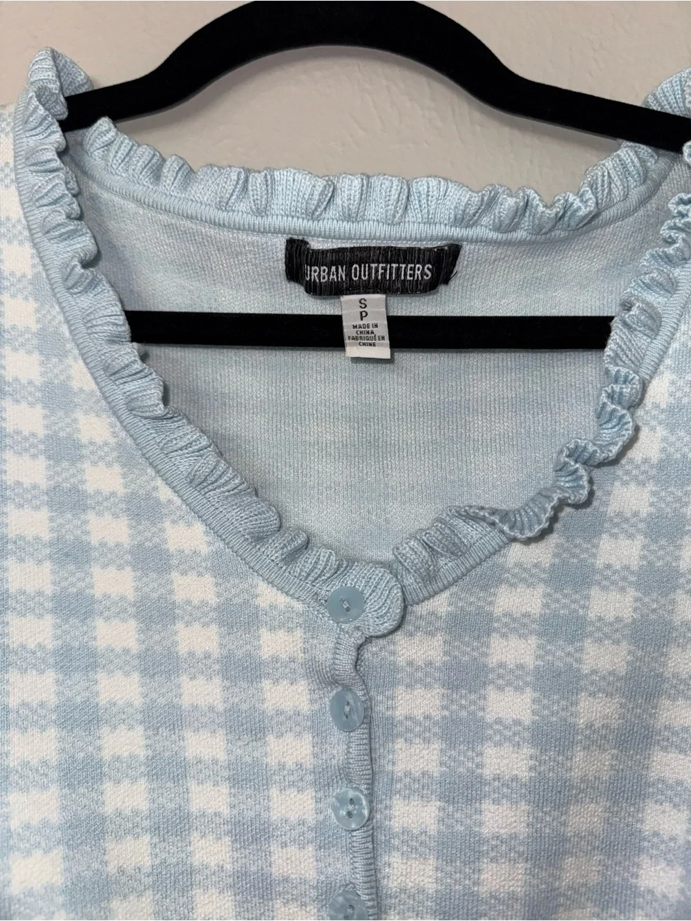 Urban Outfitters Light Blue Gingham Ruffle Trim Cardigan Cottage Core